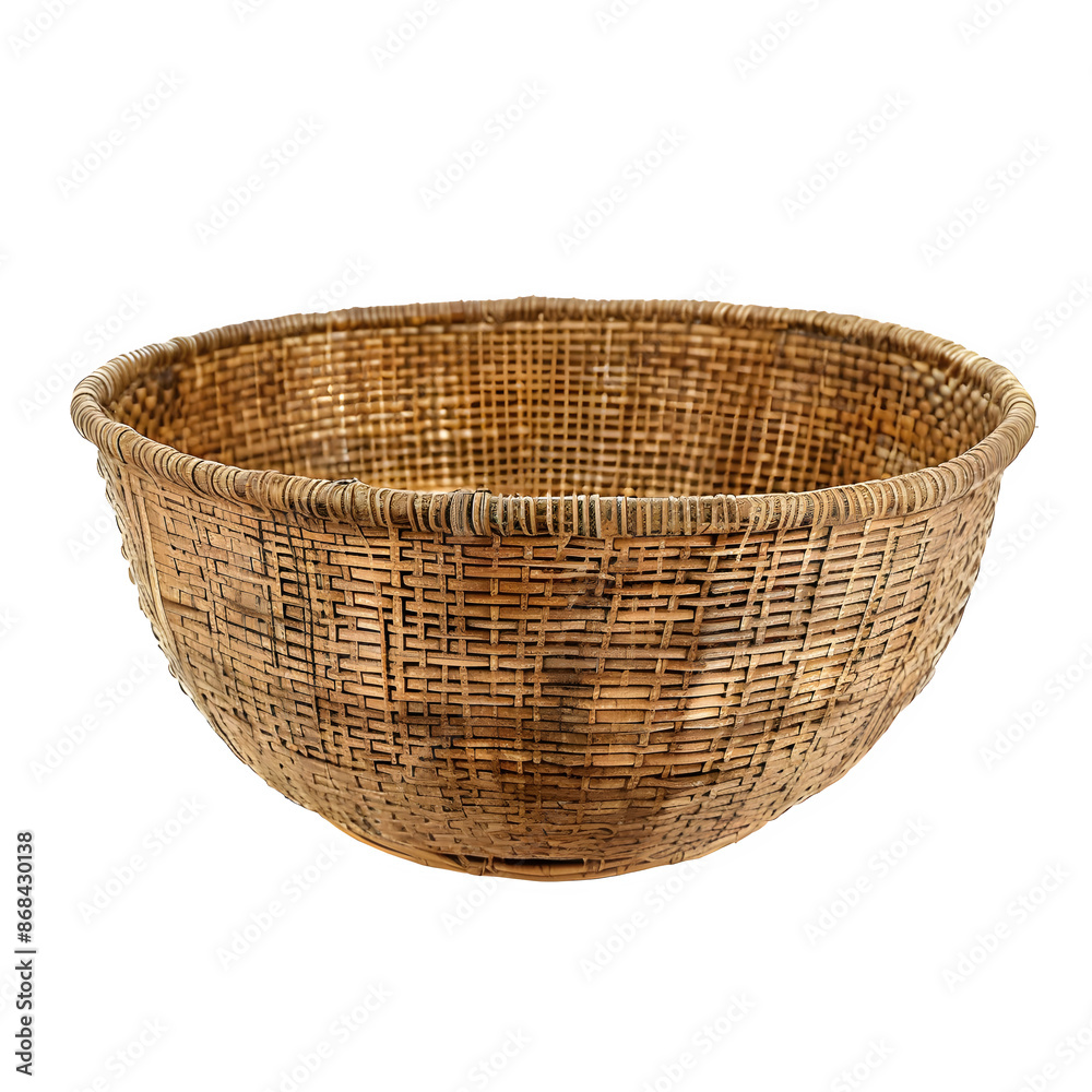 Close-up photo of an empty brown wicker basket on a clear background Close-up photo of an empty brown wicker basket on a clear background