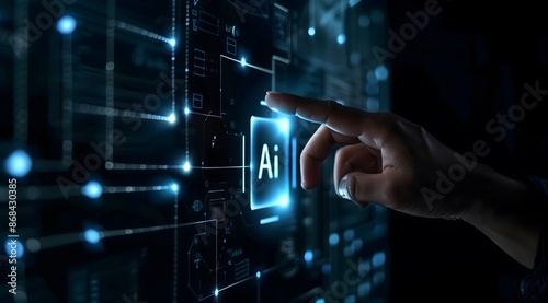 Businessman hand pointing Ai box digital screen hologram icon style AI Technology presentation Concept