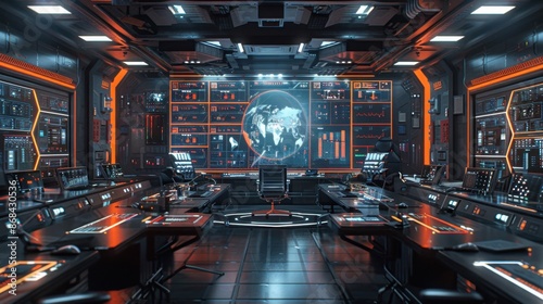 Fototapeta Naklejka Na Ścianę i Meble -  A futuristic war room with holographic displays and strategic planning, photorealistic, emphasizing coordination and technology.