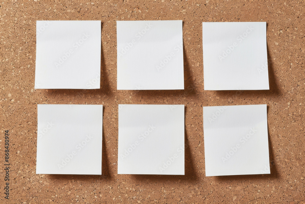 White Sticky Notes on Cork Board, Blank and Ready for Mockup, Evoking a School Atmosphere White Sticky Notes on Cork Board, Blank and Ready for Mockup, Evoking a School Atmosphere