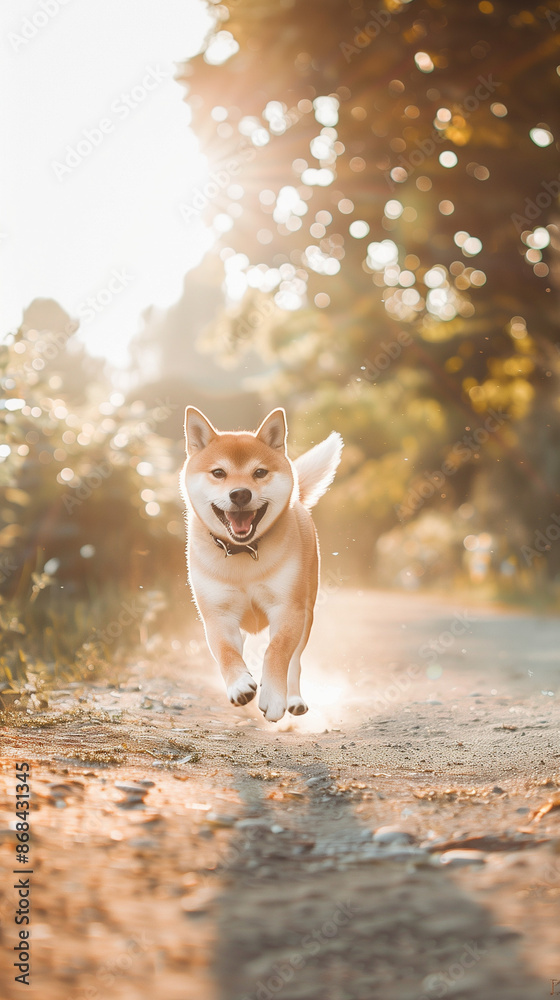 Fototapeta premium Full body shot of a Shiba Inu, happily running in the soft sunlight.