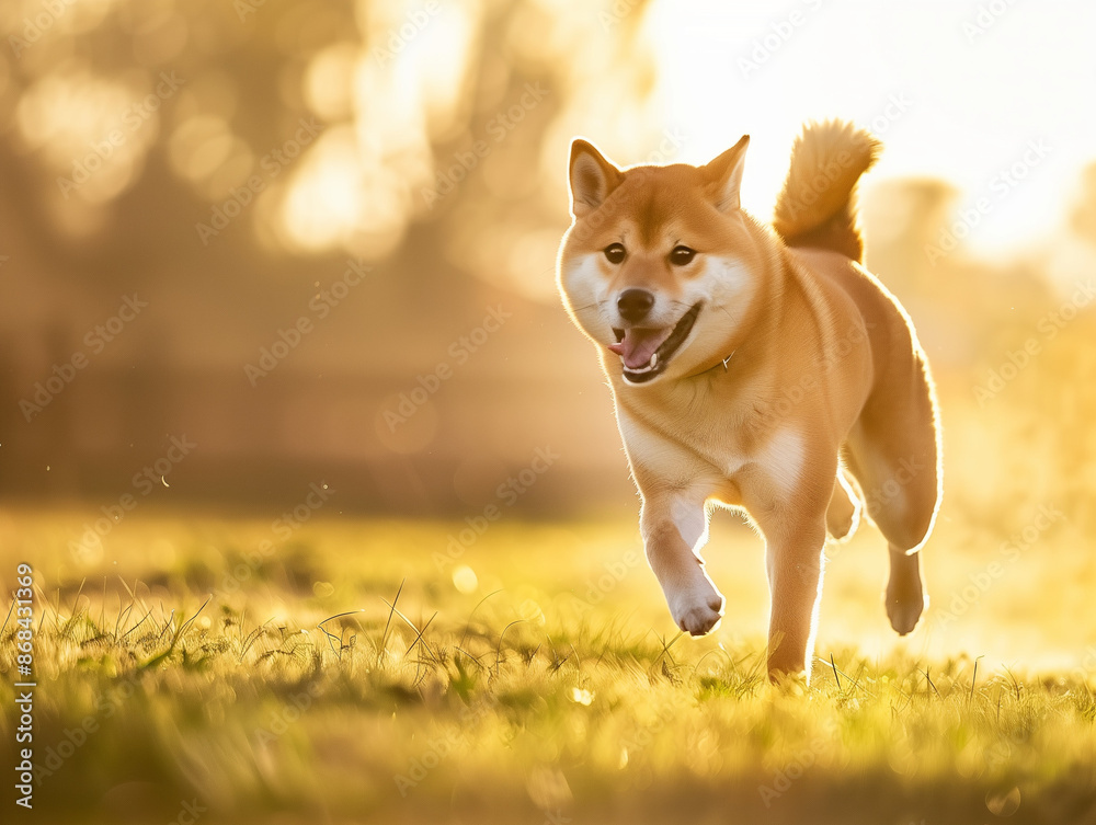 Full body shot of a Shiba Inu, happily running in the soft sunlight. Full body shot of a Shiba Inu, happily running in the soft sunlight.