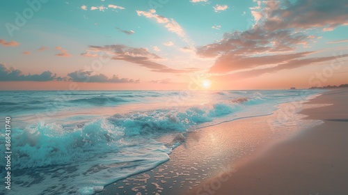 A serene beach at sunset, with gentle waves lapping at the shore and a pastel sky in the background