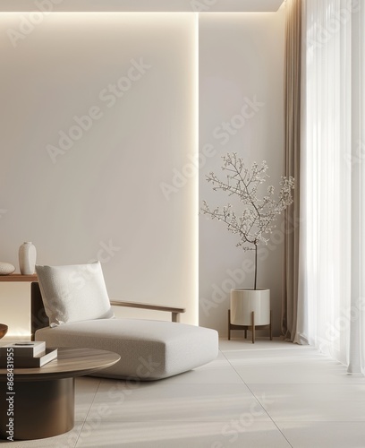 Minimalist interior with white wall, elegant furniture, and soft lighting