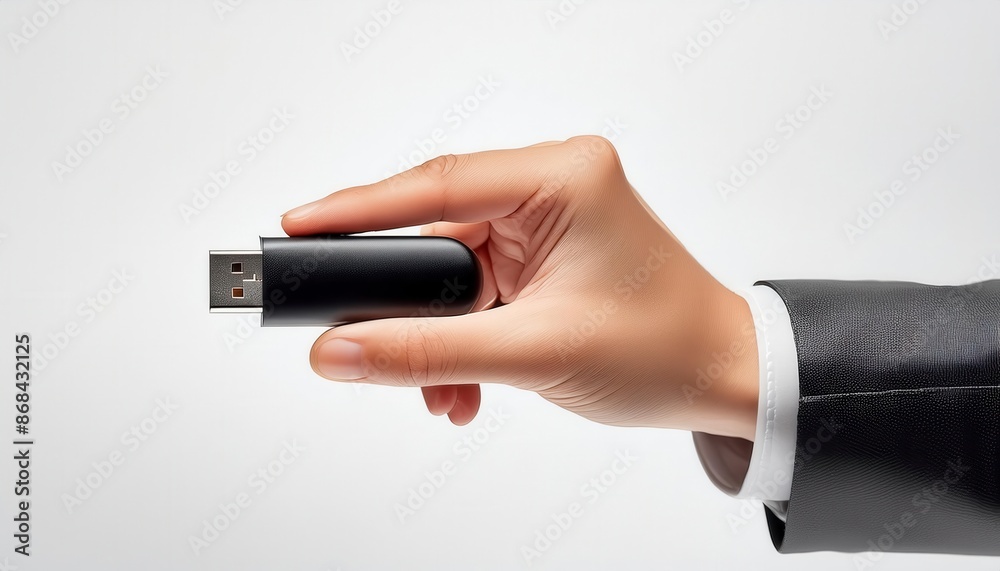 Hand holding a black USB flash drive on a white background, highlighting portable data storage and technology concepts. Hand holding a black USB flash drive on a white background, highlighting portable data storage and technology concepts.
