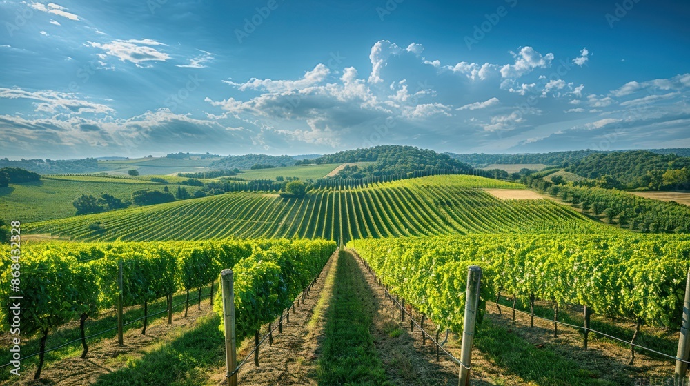 Fototapeta premium A picturesque vineyard in the countryside, with rows of grapevines under a bright blue sky