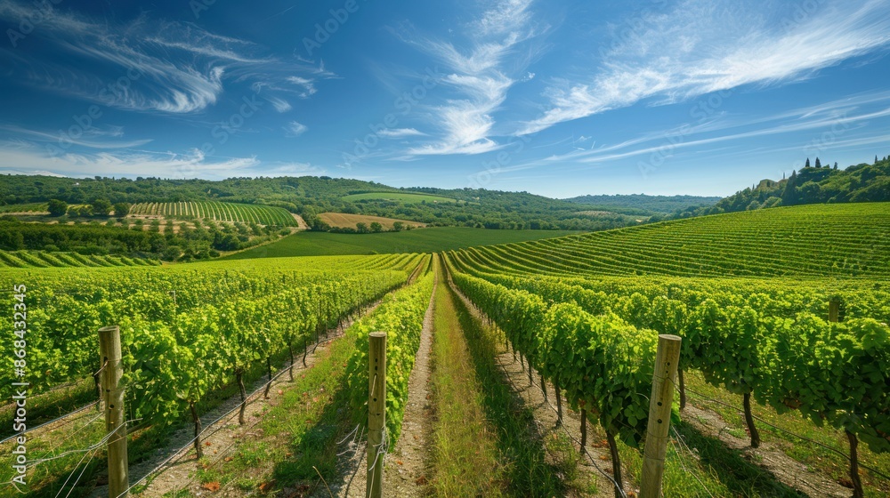 A picturesque vineyard in the countryside, with rows of grapevines under a bright blue sky A picturesque vineyard in the countryside, with rows of grapevines under a bright blue sky
