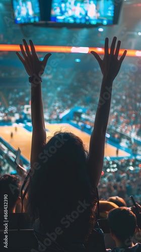 Person celebrating in a Stadium, excited Basketball fan with hands up cheering photo