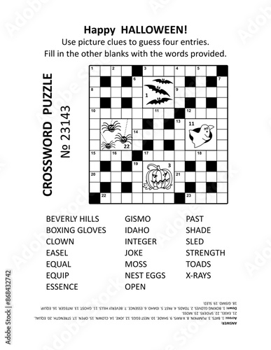 Crossword puzzle game № 23143. Four Halloween picture clues. General knowledge, family friendly content. Answer included.
