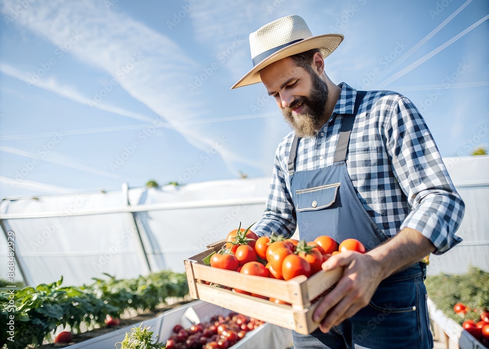 Smiling farmer in hat and overalls holding a crate of fresh tomatoes in a greenhouse during the daytime. Smiling farmer in hat and overalls holding a crate of fresh tomatoes in a greenhouse during the daytime.