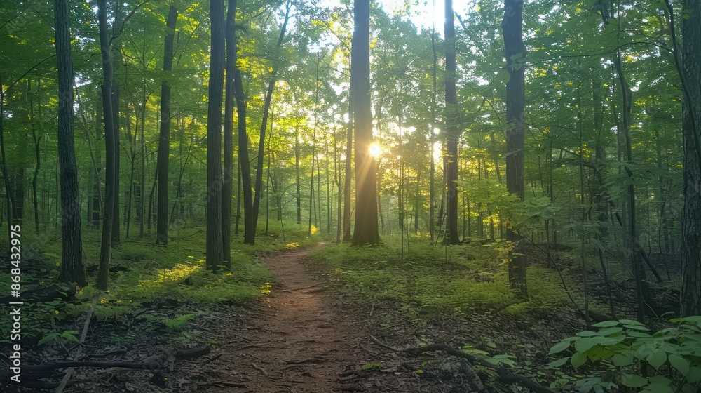 Obraz premium A peaceful hiking trail with tall trees, a dirt path, and sunlight filtering through the leaves