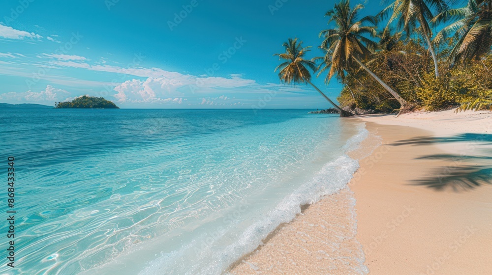 Fototapeta premium A peaceful beach with white sand, crystal-clear water, and palm trees swaying in the breeze, offering a tropical paradise