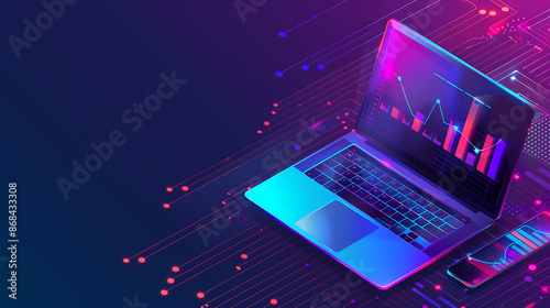 Laptop position in business analysis perspective, space for text, vector illustration