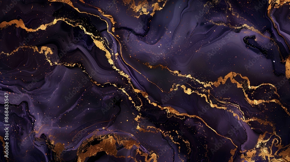 Fototapeta premium abstract background with dark purple and gold marble texture, fluid art, organic shapes, waves, golden cracks on the surface
