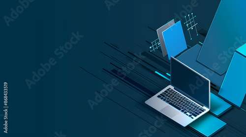 Laptop position in business analysis perspective, space for text, vector illustration