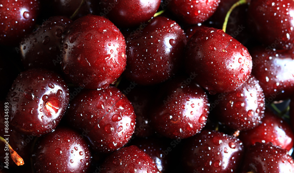 Cherry berries close-up. Wet sweet ripe cherries. Background. Dark red cherries with green stems covered with fine splashes of water. Summer berries, vitamins. Close-up of red berries Cherry berries close-up. Wet sweet ripe cherries. Background. Dark red cherries with green stems covered with fine splashes of water. Summer berries, vitamins. Close-up of red berries