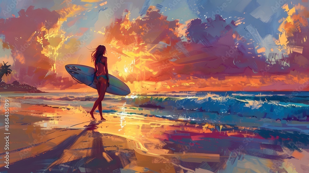 Smiling woman with surfboard walking on beach during sunset.