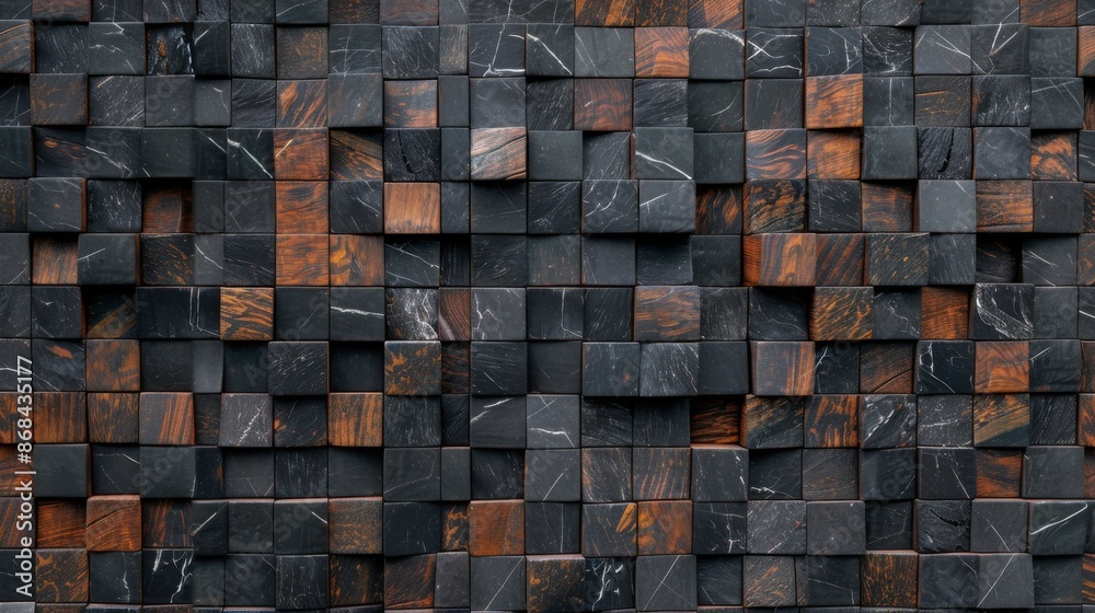 A highly textured and intricate mosaic wall composed of small, alternating dark and brown stone tiles, featuring unique patterns and various shades, creating a captivating visual effect. A highly textured and intricate mosaic wall composed of small, alternating dark and brown stone tiles, featuring unique patterns and various shades, creating a captivating visual effect.