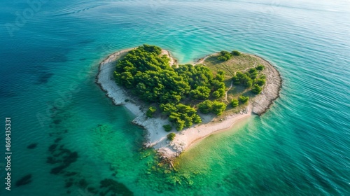 Breathtaking aerial view of a heart-shaped island surrounded by pristine turquoise waters, covered with lush green trees, symbolizing love and natural beauty in a serene atmosphere.