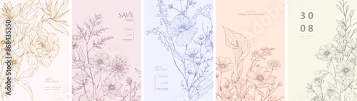 Set of floral invitation save the date card with detailed various flowers. Luxury vintage botanic template layout design, brochure or cover