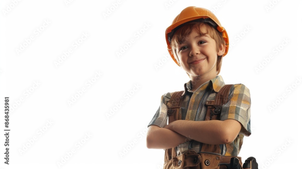Smiling boy in construction outfit and helmet, arms crossed, white background. Concept of childhood dreams and future careers. Smiling boy in construction outfit and helmet, arms crossed, white background. Concept of childhood dreams and future careers.