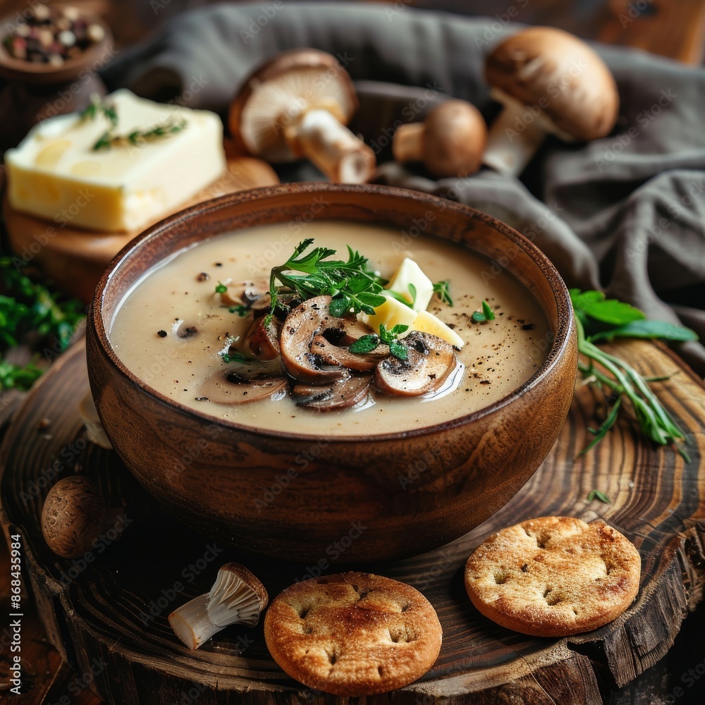 Mushrooms Cream Soup in Ceramic Pot, Homemade Creamy Soup Made of Champignons, Boletus Mushrooms Cream Soup in Ceramic Pot, Homemade Creamy Soup Made of Champignons, Boletus