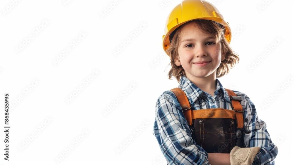 Smiling young boy in a plaid shirt and construction helmet, posing confidently. Ideal for educational or playful-themed projects. Smiling young boy in a plaid shirt and construction helmet, posing confidently. Ideal for educational or playful-themed projects.
