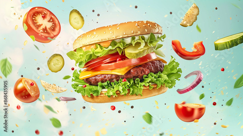 Flat design vector-style image of a juicy vegan hamburger asambled whit natural fresh flying ingredients, 32k, full ultra hd, high resolution --ar 16:9
