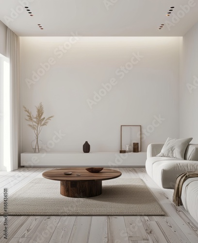 Minimalist interior with white wall, functional furniture, and modern touches