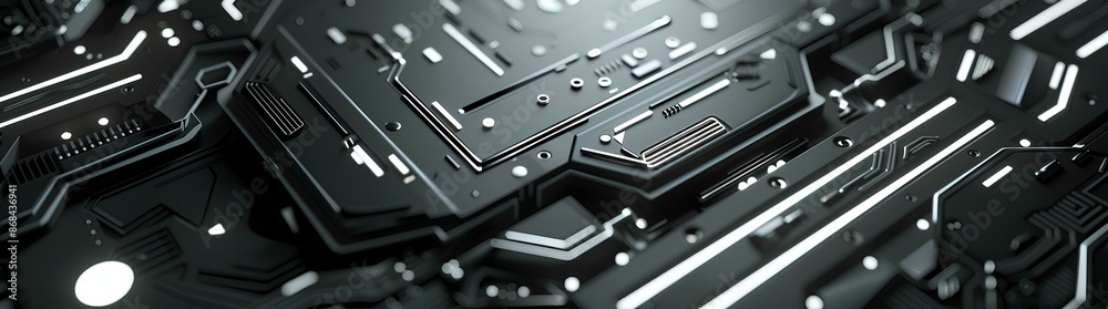 Abstract black background with futuristic elements and metallic textures for tech or gaming themes. A hightech geometric pattern featuring buttons, circuits, hexagons, wires, and lights Abstract black background with futuristic elements and metallic textures for tech or gaming themes. A hightech geometric pattern featuring buttons, circuits, hexagons, wires, and lights