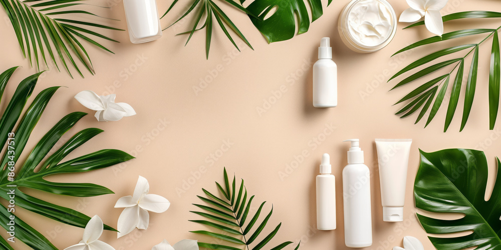 Flat lay composition of beauty products with green leaves on a beige background with copy space. include lotion, cream, and spray bottles. skincare and beauty concepts Flat lay composition of beauty products with green leaves on a beige background with copy space. include lotion, cream, and spray bottles. skincare and beauty concepts