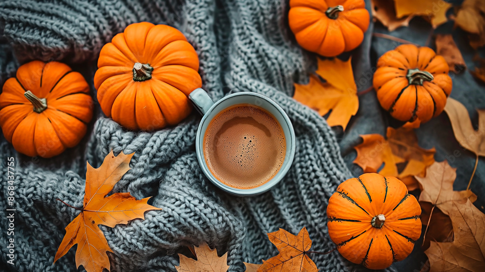 Above view of coffee cup, pumpkins and autumn leaves on knitwear. Cosy october autumnal leisure. Above view of coffee cup, pumpkins and autumn leaves on knitwear. Cosy october autumnal leisure.