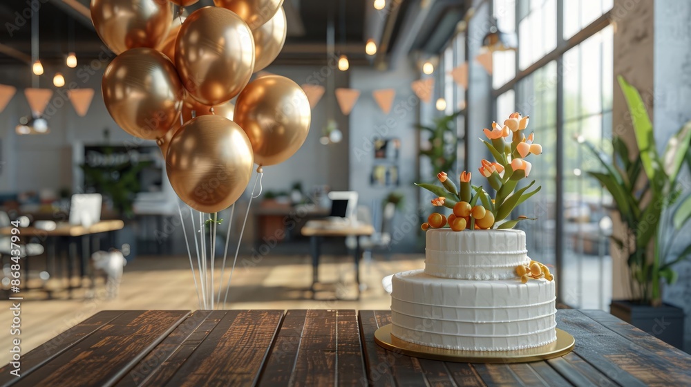 A modern office celebrating an employee's work anniversary with balloons, a cake, and congratulatory banners, happy colleagues, joyful mood A modern office celebrating an employee's work anniversary with balloons, a cake, and congratulatory banners, happy colleagues, joyful mood