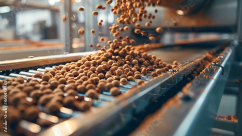 The image showcases a conveyor belt in a food production factory with round biscuits being transported along the line, highlighting the automation in food manufacturing.