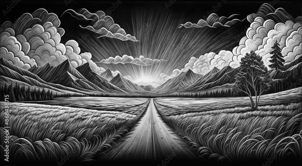 Black and white engraving of the landscape with road among the nature ...