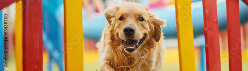 Golden Retriever playing and smiling at a colorful playground, capturing the joy and energy of a happy dog in an outdoor setting. photo