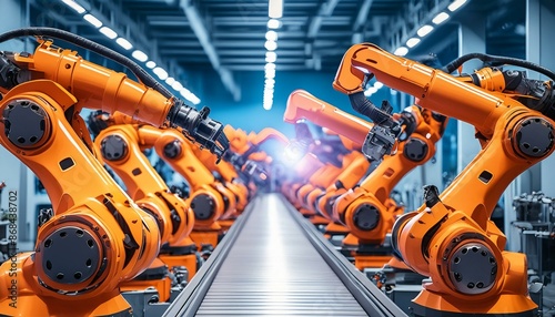 Robot Factory - An assembly line in a high-tech robot factory with robots being built. © amol