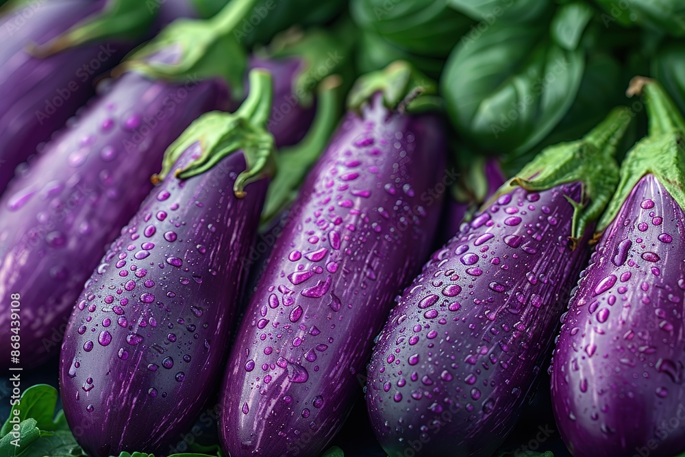 A bunch of purple eggplants with water droplets on them A bunch of purple eggplants with water droplets on them