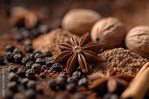 Fototapeta Naklejka Na Ścianę i Meble -  A close up of a spice mix with a star shaped spice on top