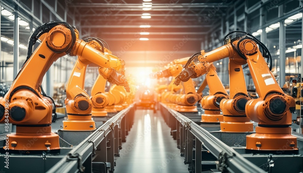 Robot Factory - An assembly line in a high-tech robot factory with robots being built. Robot Factory - An assembly line in a high-tech robot factory with robots being built.