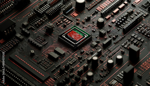 A high-tech circuit board featuring a microchip with the Afghanistan flag, emphasizing the Afghanistan role in pioneering cutting-edge technology and electronics