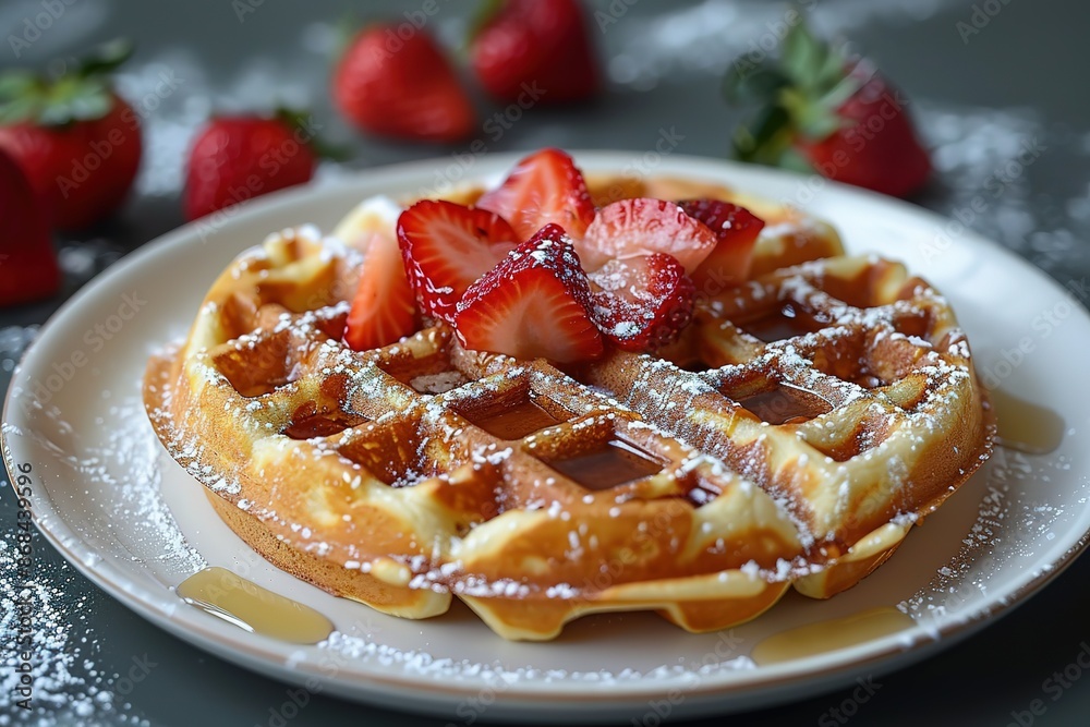 A plate of waffles with powdered sugar and strawberries on top A plate of waffles with powdered sugar and strawberries on top
