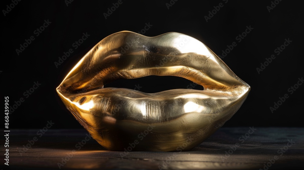 Naklejka premium This striking image features a golden lips sculpture against a dark backdrop, illuminated by a spotlight, highlighting the artistic and luxurious essence of the piece.