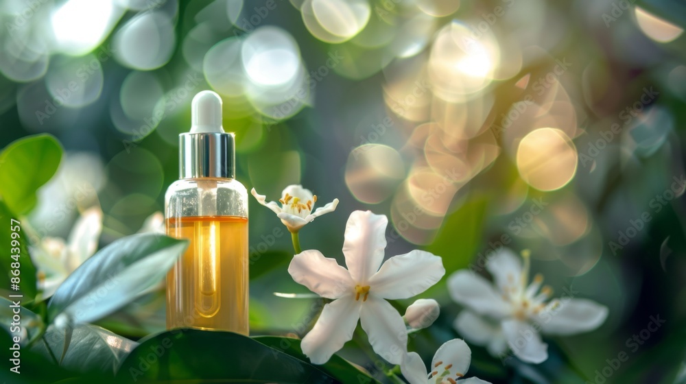 A glass serum bottle with a dropper, positioned among green leaves and white flowers, captured in a natural and serene outdoor environment with soft, dreamy lighting. A glass serum bottle with a dropper, positioned among green leaves and white flowers, captured in a natural and serene outdoor environment with soft, dreamy lighting.
