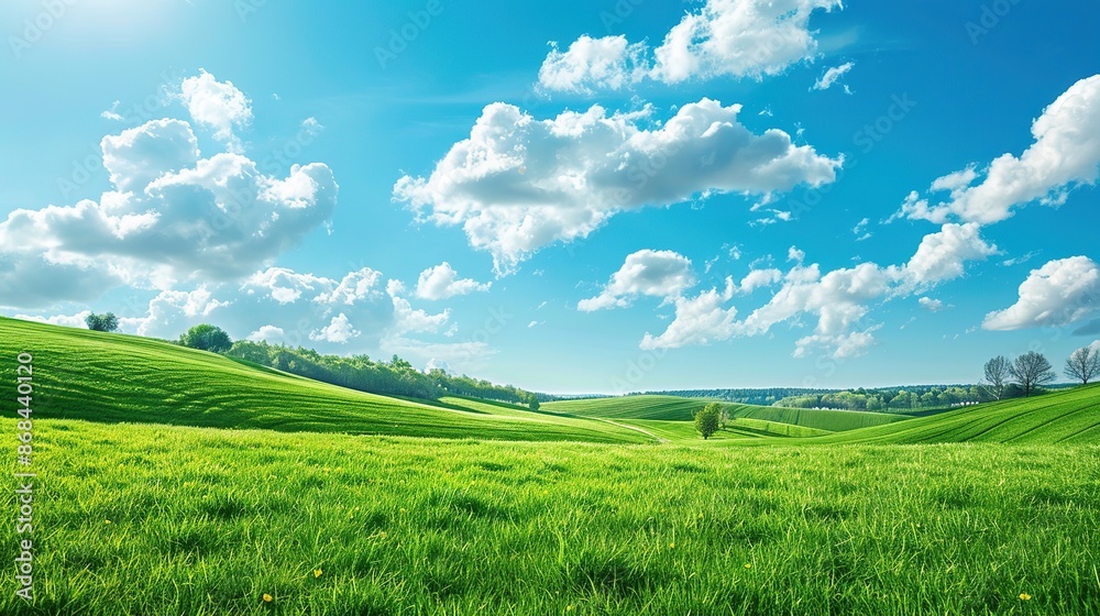 Fototapeta premium Tranquil beauty of springtime nature in peaceful countryside landscape. Green grass, blue sky, white clouds, rolling hills. copy space for text.