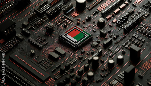 A high-tech circuit board featuring a microchip with the Madagascar flag, emphasizing the Madagascar role in pioneering cutting-edge technology and electronics