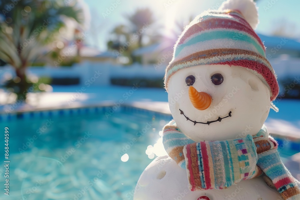 Escape to a winter getaway with a unique twist picture a smiling snowman next to a beautiful pool. This festive scene provides a refreshing and relaxing retreat with a summer vibe