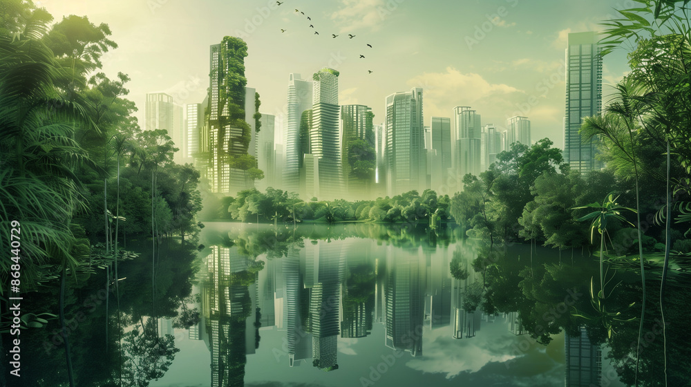 Fototapeta premium Futuristic Green City with Skyscrapers and Lush Vegetation
