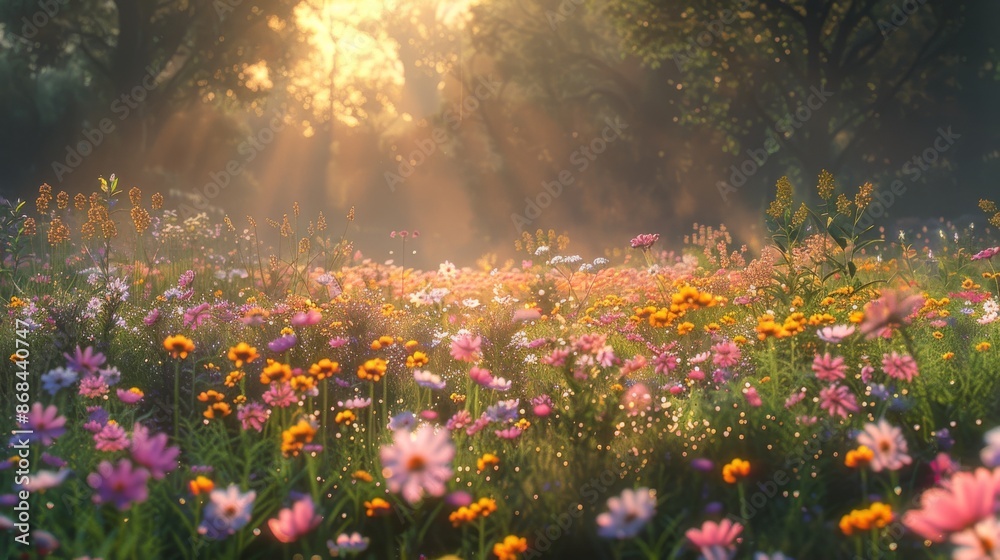 Obraz premium A Field Full of Flowers with the Sun Shining Through the Trees in the Background - Generative AI