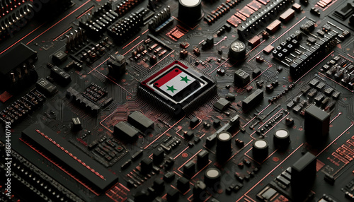 A high-tech circuit board featuring a microchip with the Syria flag, emphasizing the Syria role in pioneering cutting-edge technology and electronics